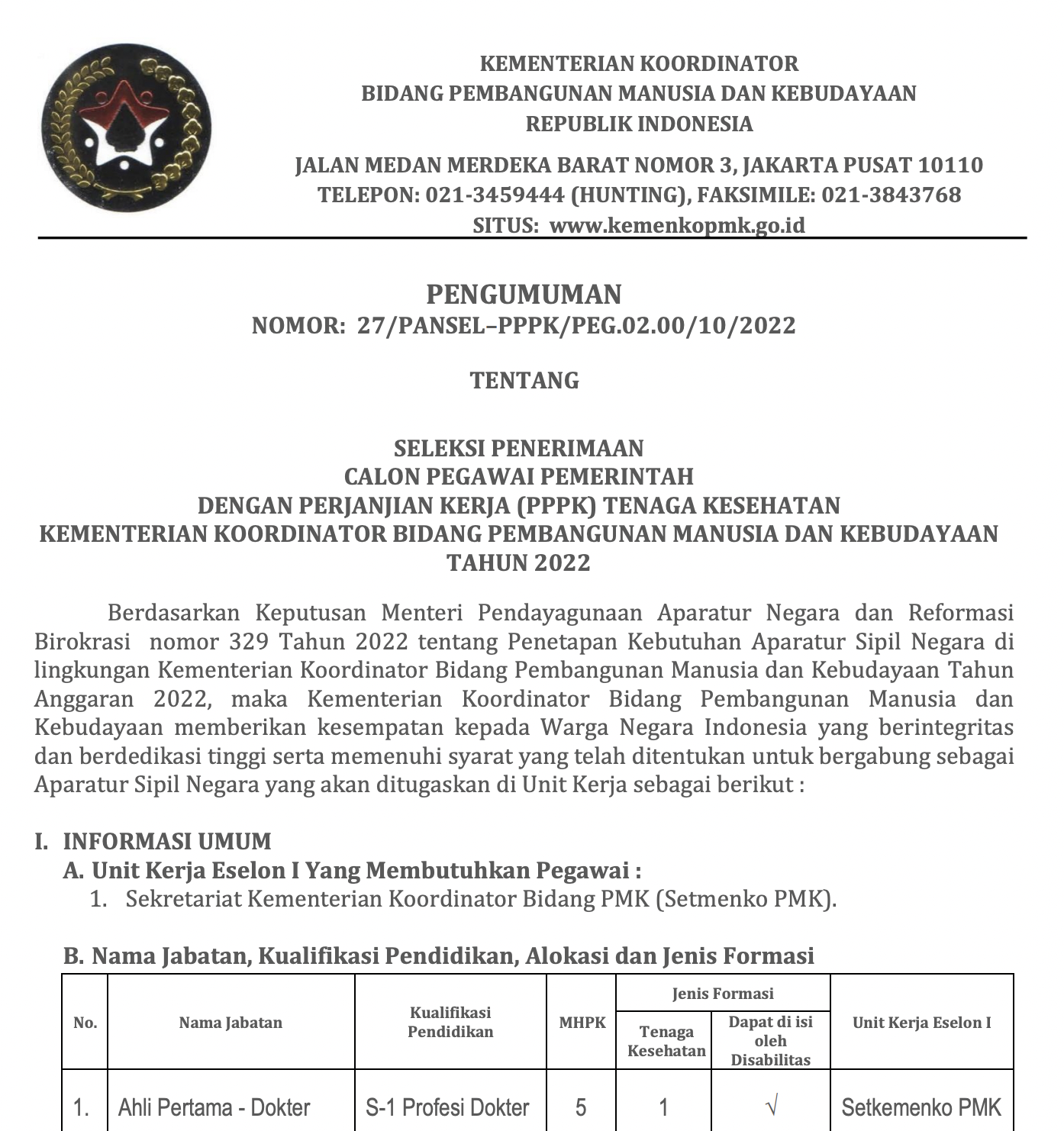 Formasi Resmi PPPK 2022 Kementerian Koordinator PMK